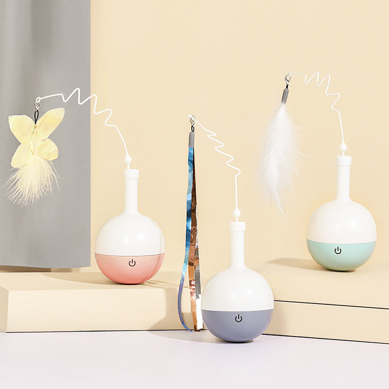 Playful feline wand with rolling ball and motion sensor.