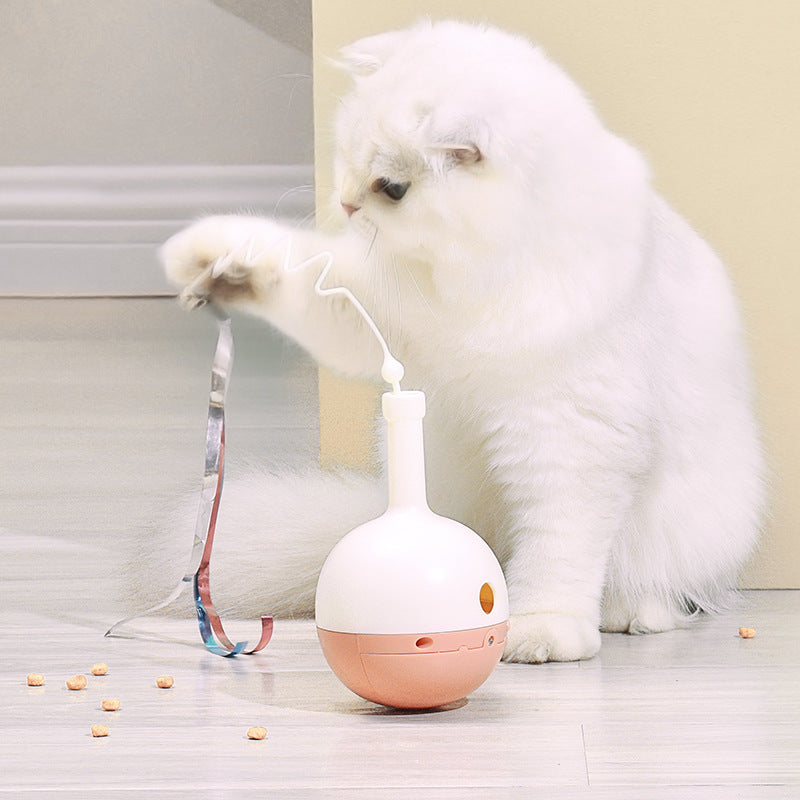 Playful feline wand with rolling ball and motion sensor.