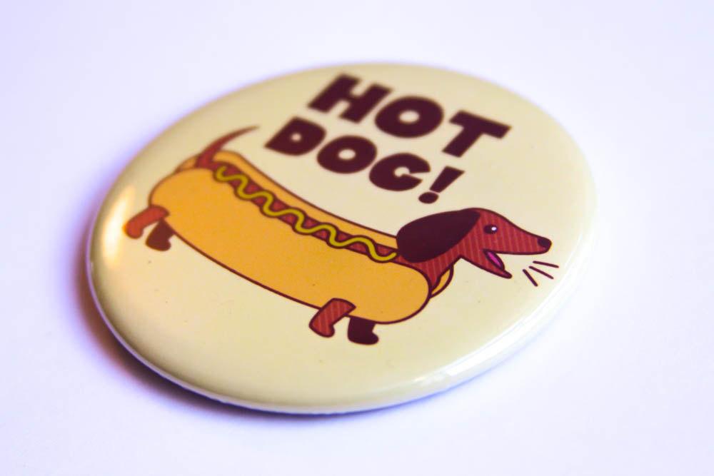 Dachshund Fridge Magnet or Pinback Button "Hot Dog!"