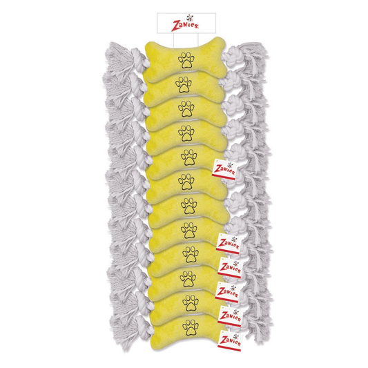 ZA Tiny Tugger Clip Strip - 12 Pack Squeaky Bone-and-Rope Toys in