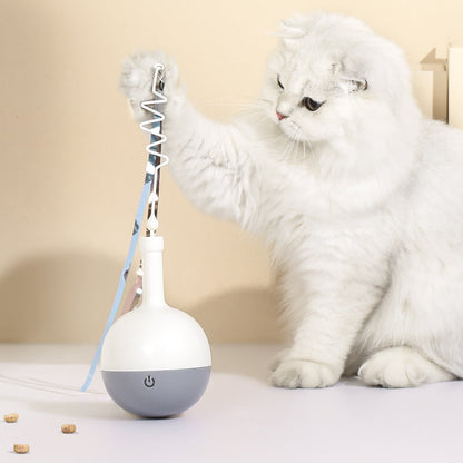 Playful feline wand with rolling ball and motion sensor.
