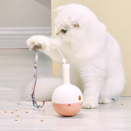 Playful feline wand with rolling ball and motion sensor.